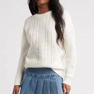BP. Womens Cotton Blend Oversize Cable Sweater in Ivory Size S